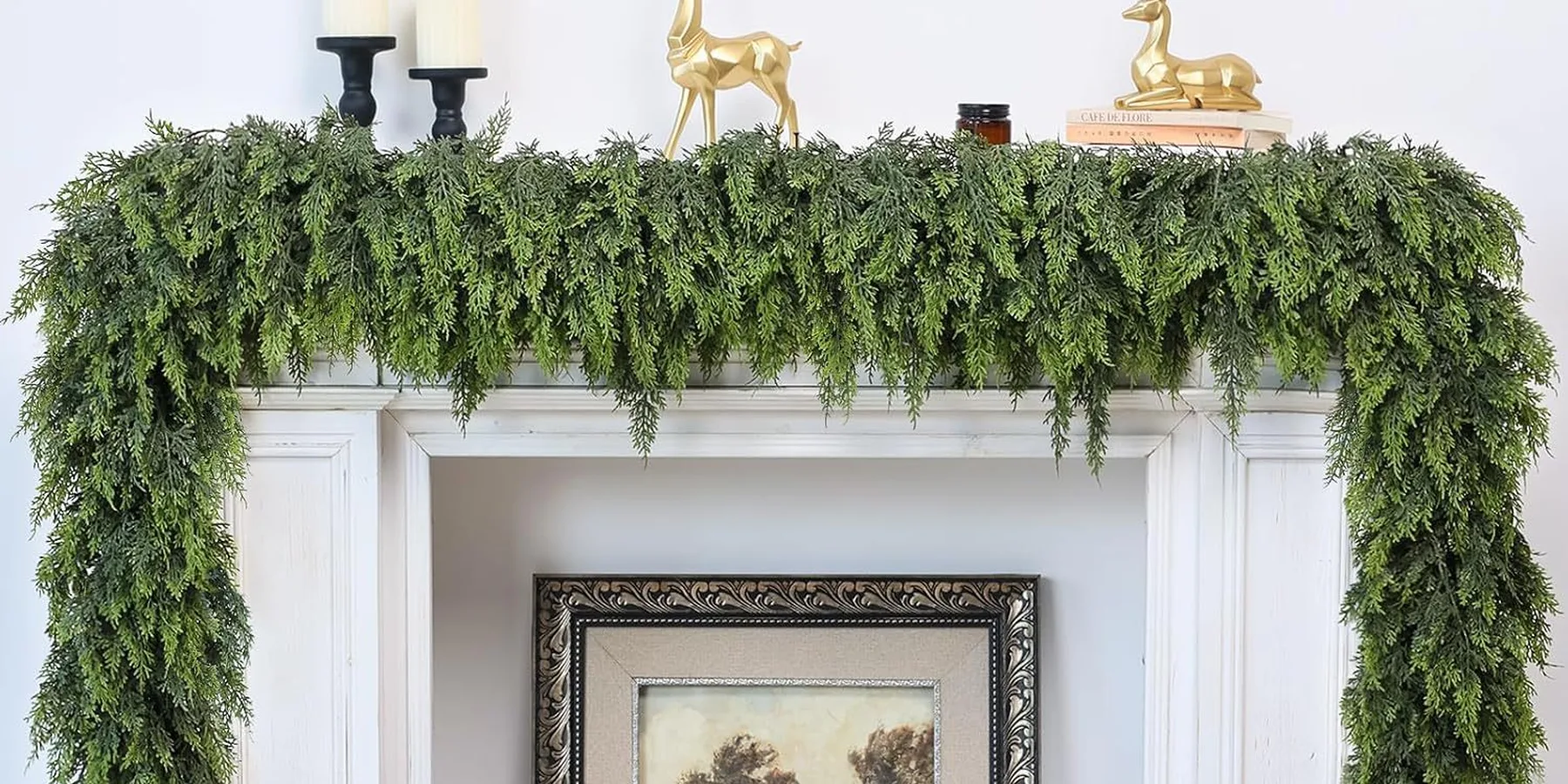 Christmas Cedar Garland draped over a white mantel